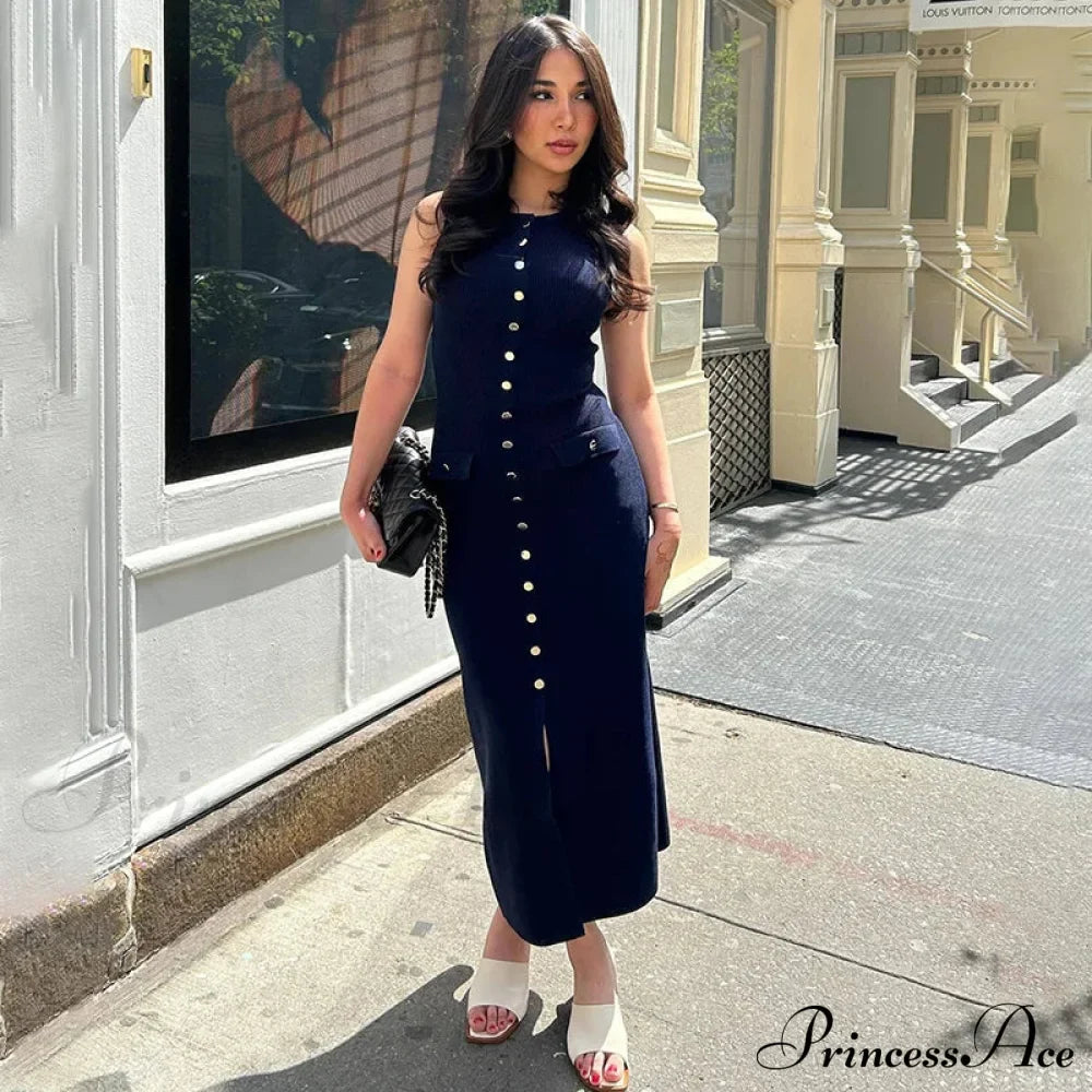 Ribbed Buttoned Stylish Midi Dress