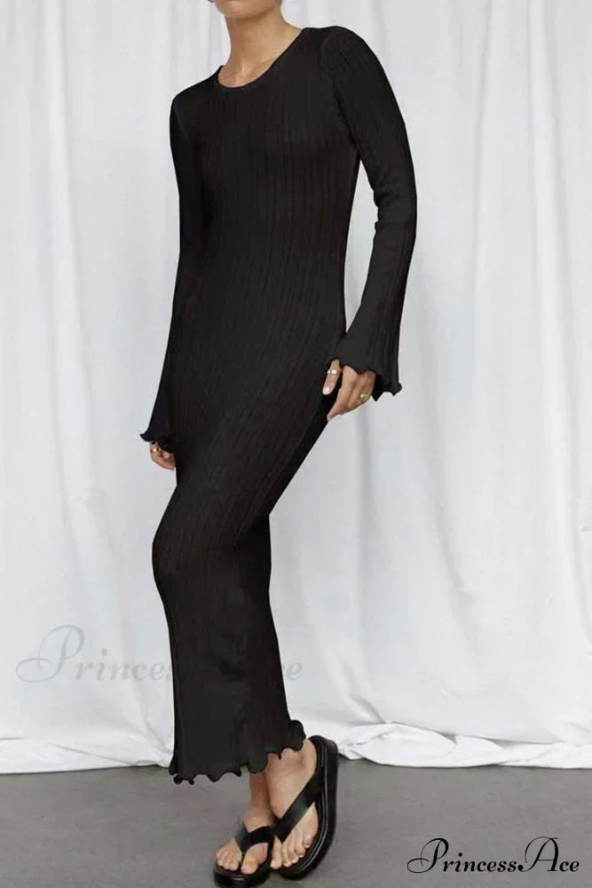 Ribbed Knit Dress With Long Flare Sleeves And Backless Design