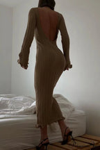 Ribbed Knit Dress With Long Flare Sleeves And Backless Design