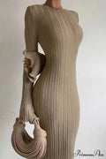 Ribbed Knit Dress With Long Flare Sleeves And Backless Design