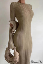 Ribbed Knit Dress With Long Flare Sleeves And Backless Design