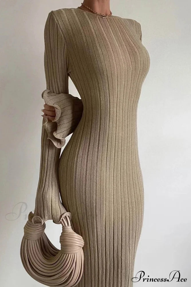 Ribbed Knit Dress With Long Flare Sleeves And Backless Design