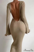 Ribbed Knit Dress With Long Flare Sleeves And Backless Design