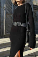 Ribbed Knit Side Slit Dress With Contrast