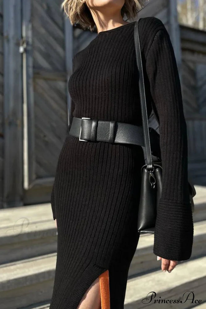 Ribbed Knit Side Slit Dress With Contrast