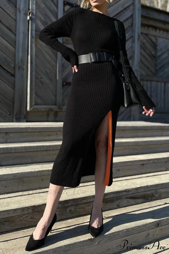 Ribbed Knit Side Slit Dress With Contrast