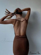 Ribbed Knitted Backless Split Summer Sleeveless Straps Midi Dress