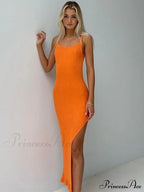 Ribbed Knitted Backless Split Summer Sleeveless Straps Midi Dress