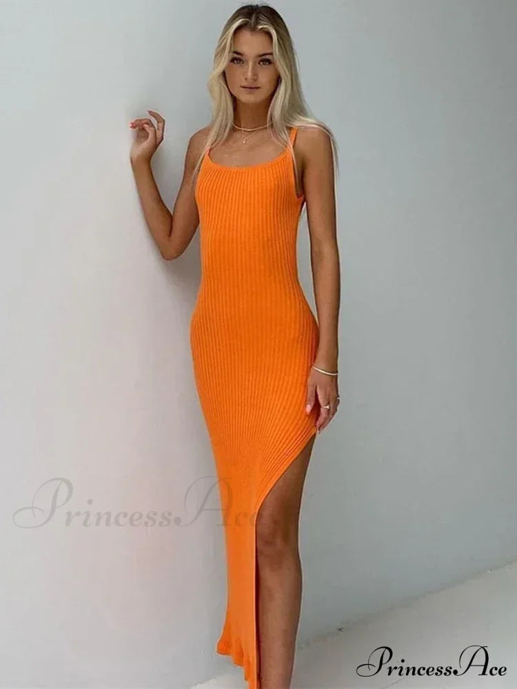 Ribbed Knitted Backless Split Summer Sleeveless Straps Midi Dress
