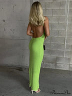 Ribbed Knitted Backless Split Summer Sleeveless Straps Midi Dress