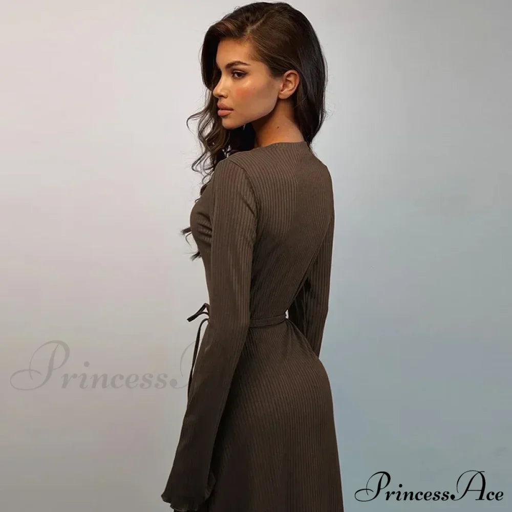 Ribbed Knitted Tie-Detailed Club-Ready Birthday Autumnal Maxi Dress