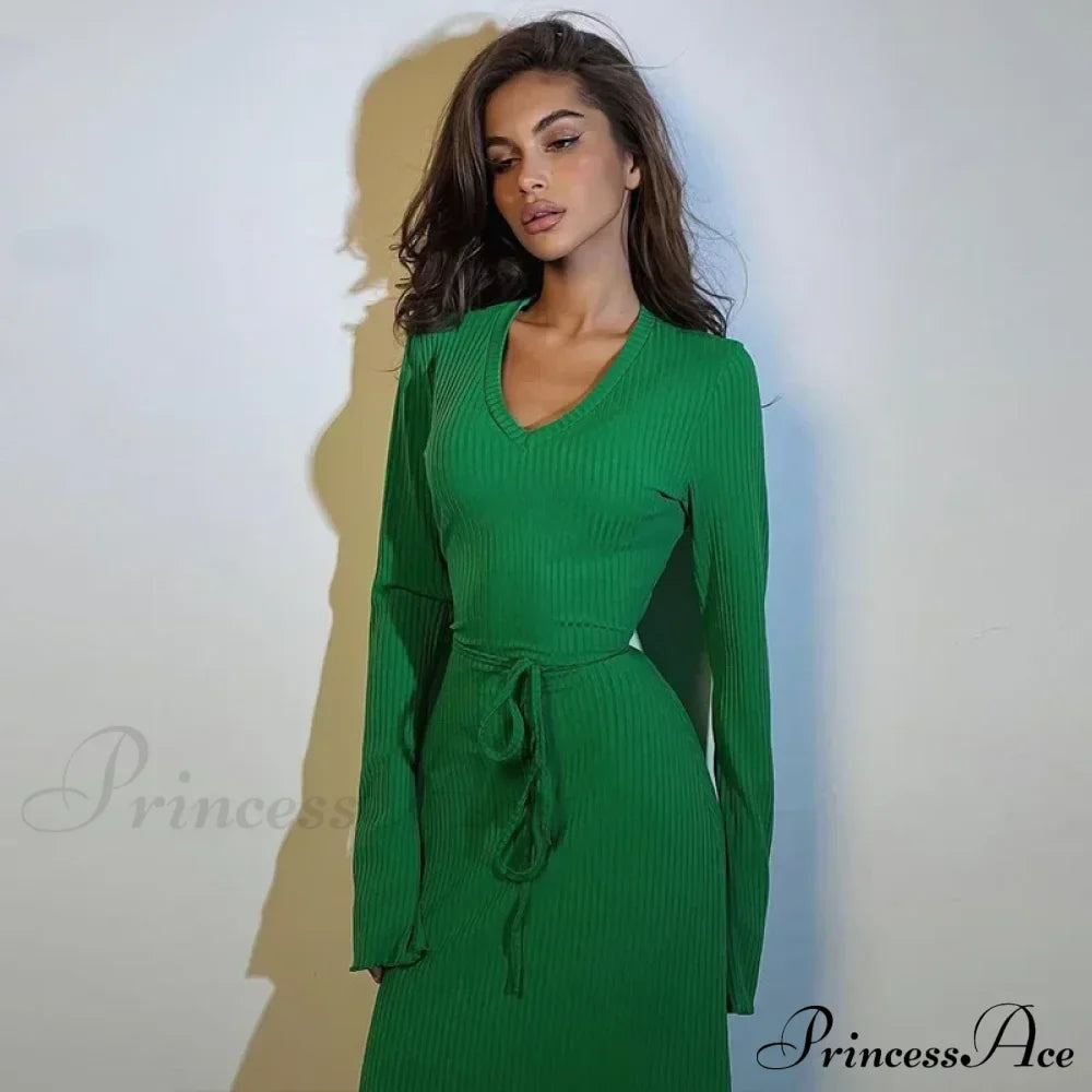 Ribbed Knitted Tie-Detailed Club-Ready Birthday Autumnal Maxi Dress