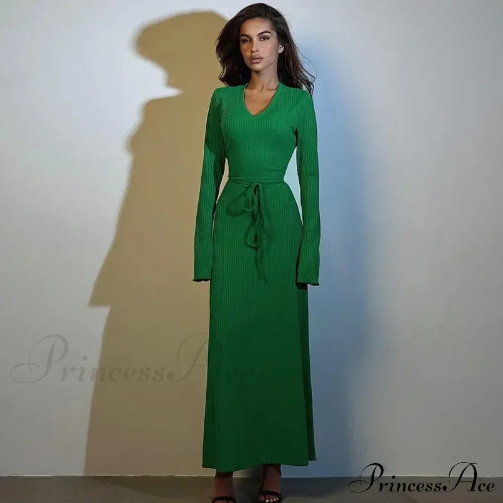 Ribbed Knitted Tie-Detailed Club-Ready Birthday Autumnal Maxi Dress
