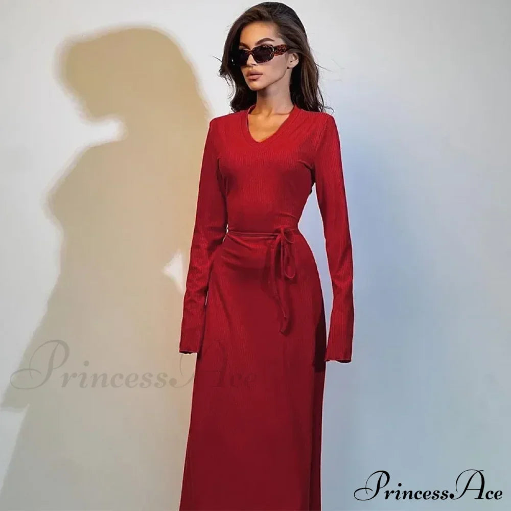 Ribbed Knitted Tie-Detailed Club-Ready Birthday Autumnal Maxi Dress