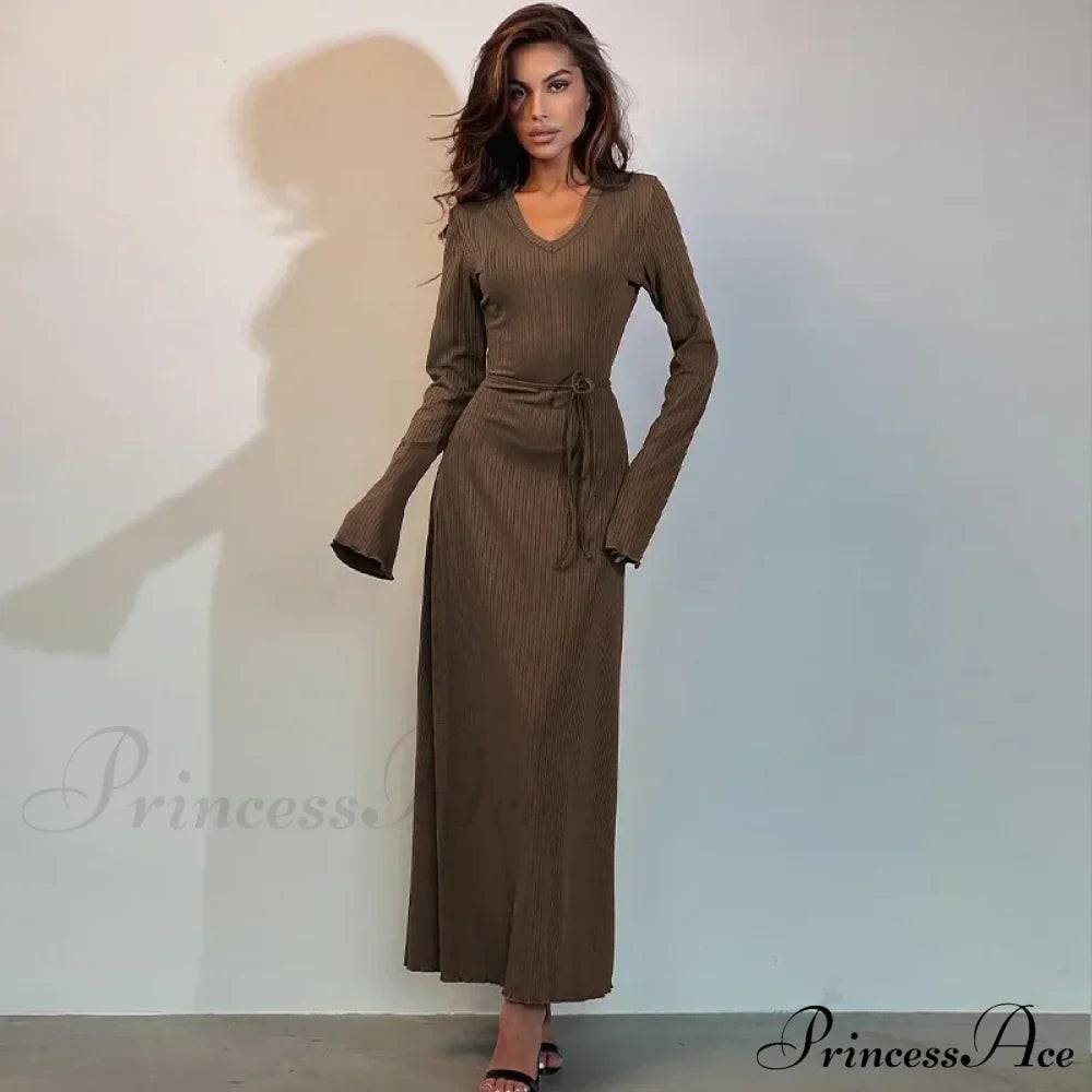 Ribbed Knitted Tie-Detailed Club-Ready Birthday Autumnal Maxi Dress