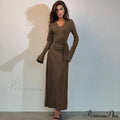 Ribbed Knitted Tie-Detailed Club-Ready Birthday Autumnal Maxi Dress