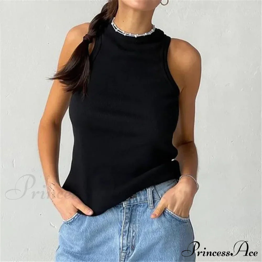 Ribbed Knitteds Neck Summer Shirts White Black Casual Sport Vest Off Shoulder Green Tank Top