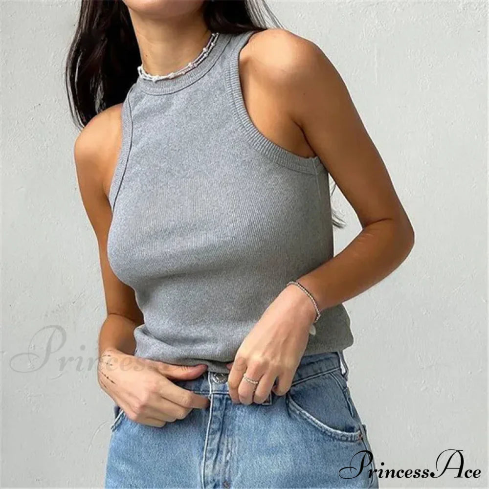 Ribbed Knitteds Neck Summer Shirts White Black Casual Sport Vest Off Shoulder Green Tank Top