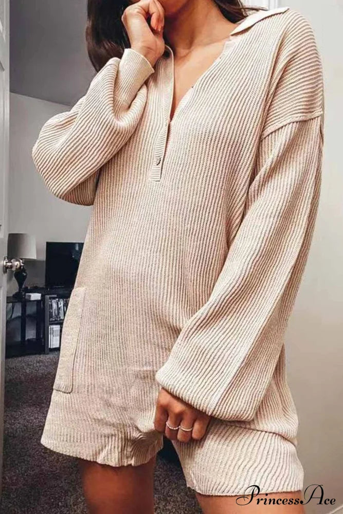Ribbed Rompers With Lapel And Long Sleeves