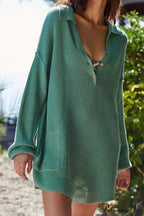 Ribbed Rompers With Lapel And Long Sleeves