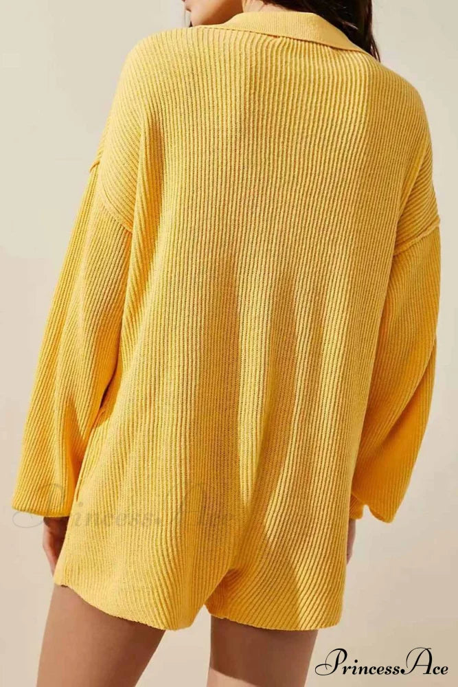 Ribbed Rompers With Lapel And Long Sleeves