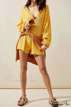Ribbed Rompers With Lapel And Long Sleeves