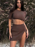 Ribbed Short Sleeve Cropped Knit Trendy Pullover Sweater And Mini Skirt Sets