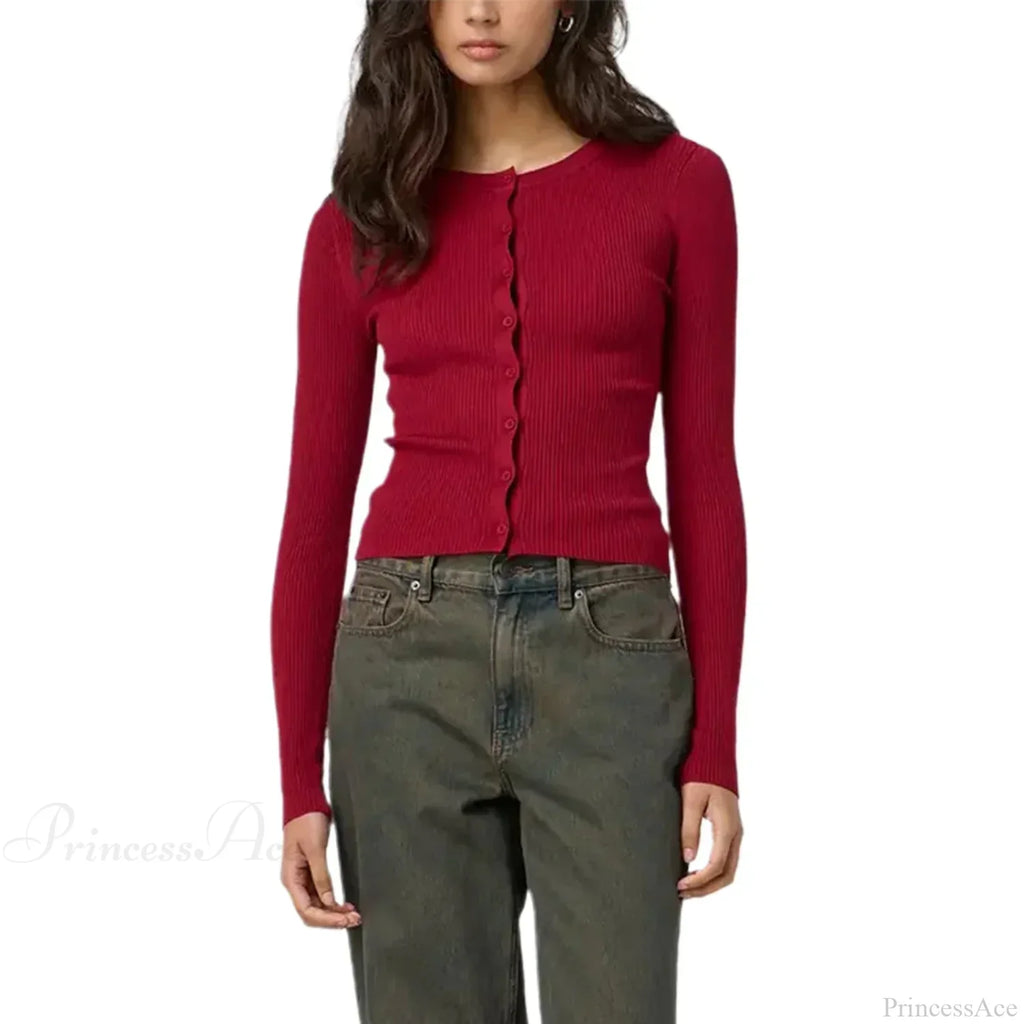 Ribbed Slim Button-Up Long Sleeve Cardigan