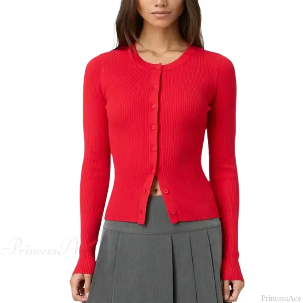 Ribbed Slim Button-Up Long Sleeve Cardigan