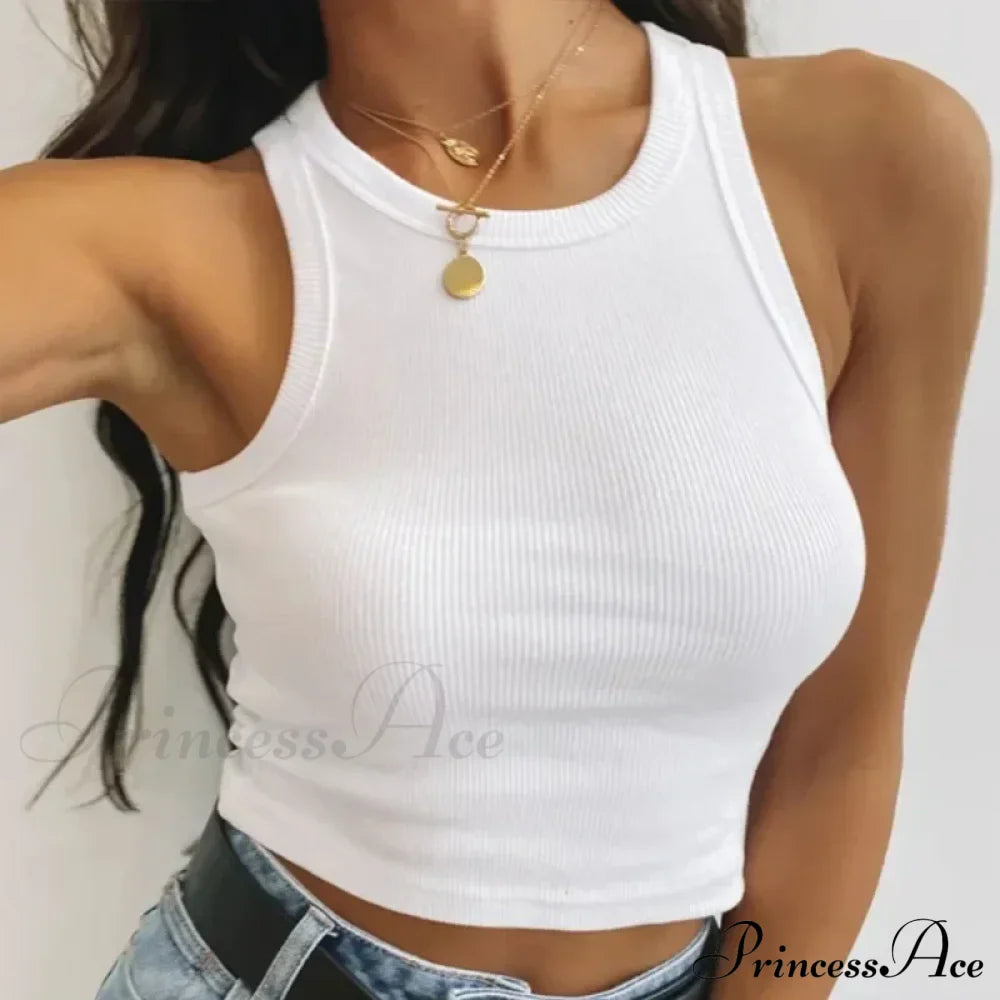 Ribbed Women White Summer Casual Fitness Short Vest Candy Knitted Off Shoulder Crop Tank Top