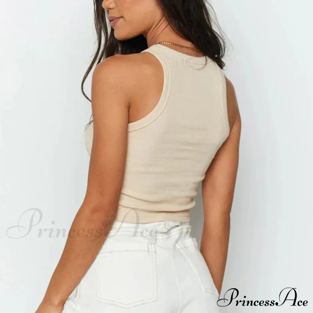Ribbed Women White Summer Casual Fitness Short Vest Candy Knitted Off Shoulder Crop Tank Top