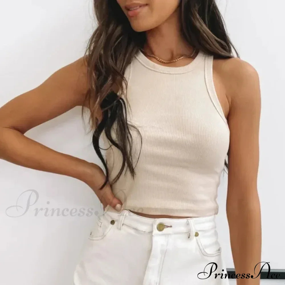 Ribbed Women White Summer Casual Fitness Short Vest Candy Knitted Off Shoulder Crop Tank Top