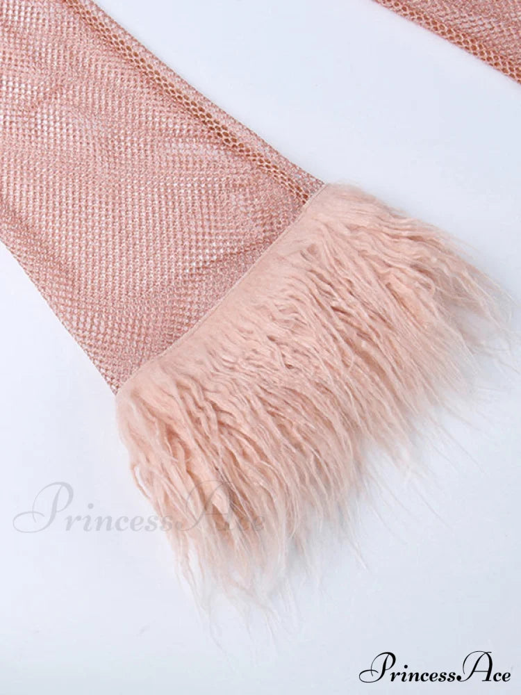 Round Splicing Neck Furry Hollow Mesh Glitter Arm See-Through Long Dress