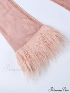 Round Splicing Neck Furry Hollow Mesh Glitter Arm See-Through Long Dress
