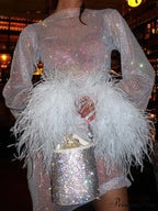 Round Splicing Neck Furry Hollow Mesh Glitter Arm See-Through Long Dress