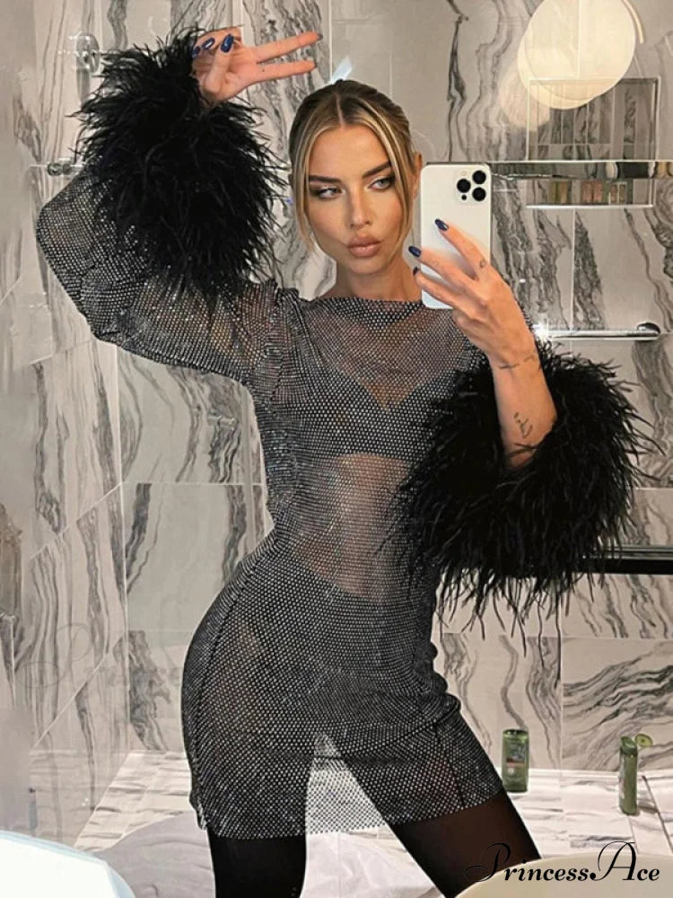 Round Splicing Neck Furry Hollow Mesh Glitter Arm See-Through Long Dress
