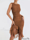 Ruched Backless Bodycon Dress With Ruffle Hem