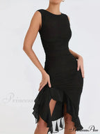 Ruched Backless Bodycon Dress With Ruffle Hem