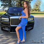 Ruched Mesh Sleeveless Slit Maxi Dress