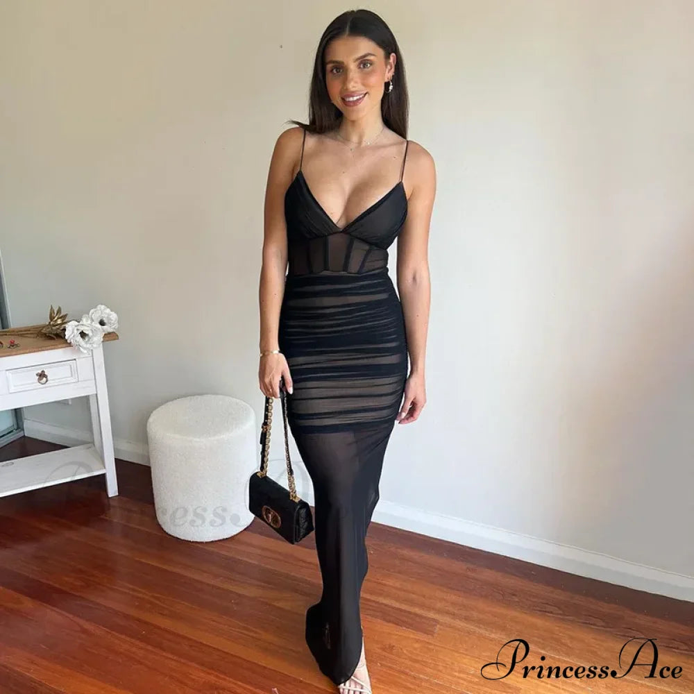 Ruched Mesh Sleeveless Slit Maxi Dress