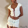 Ruched Short Sleeve Bow Graceful Top And Mini Skirt Set