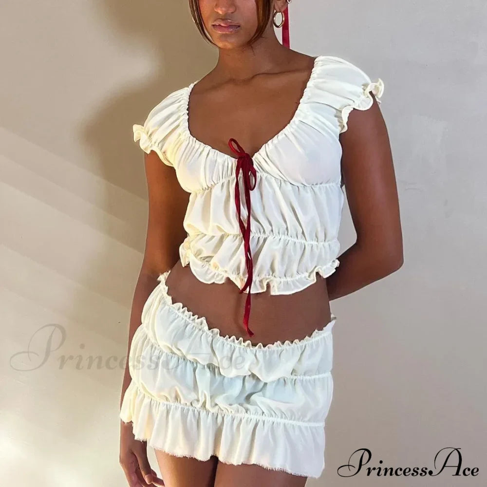 Ruched Short Sleeve Bow Graceful Top And Mini Skirt Set