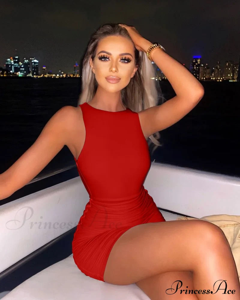 Ruched Tank Bodycon Backless Lady Black O-Neck Hollow Gown Dresses White Sleeveless Out Party Mini Women Summer