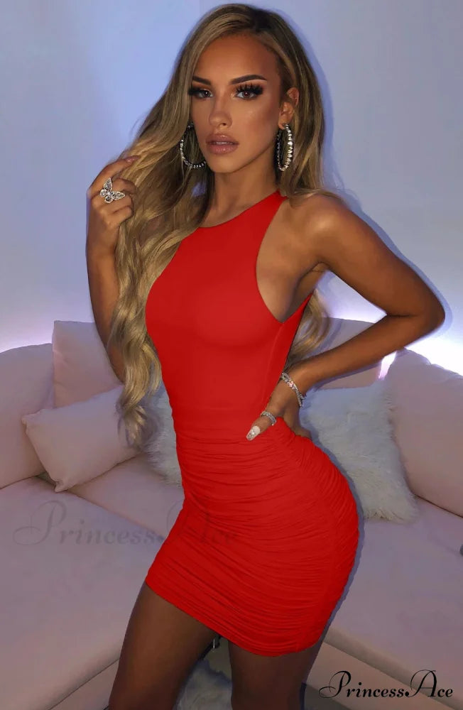 Ruched Tank Bodycon Backless Lady Black O-Neck Hollow Gown Dresses White Sleeveless Out Party Mini Women Summer