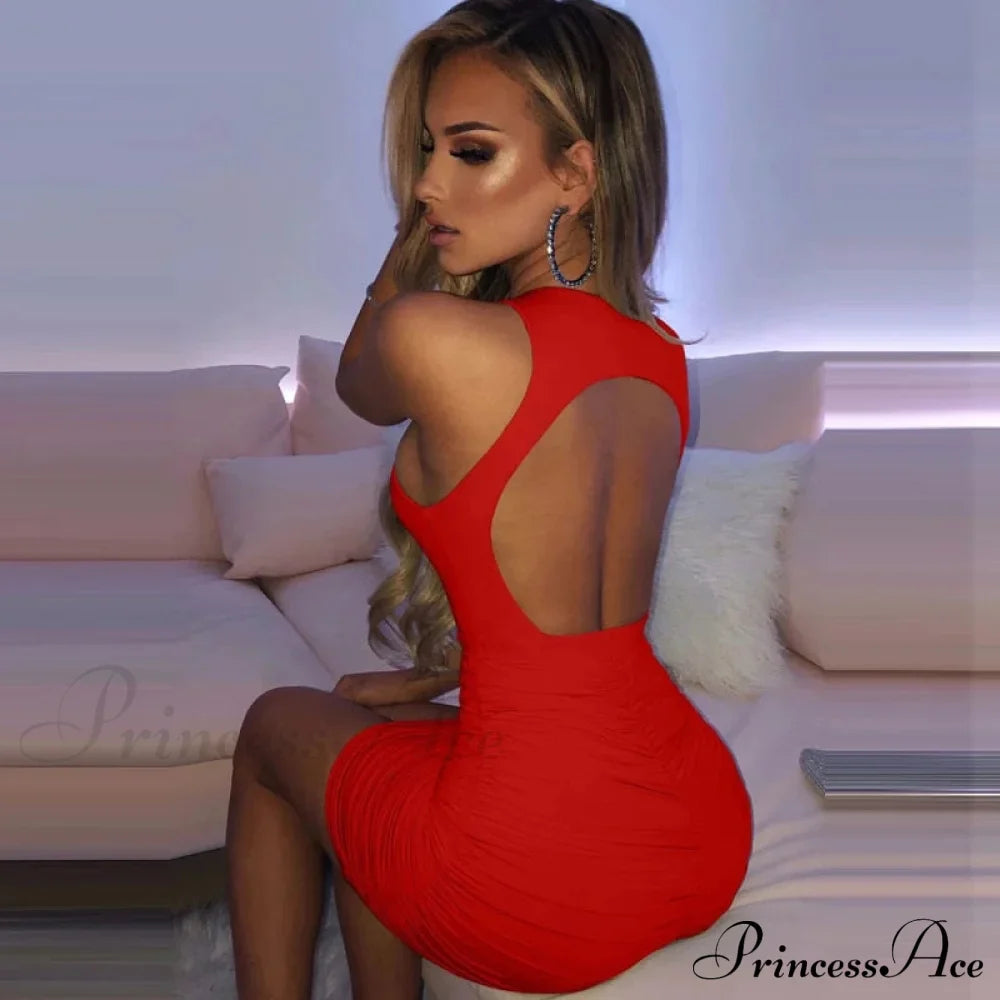 Ruched Tank Bodycon Backless Lady Black O-Neck Hollow Gown Dresses White Sleeveless Out Party Mini Women Summer