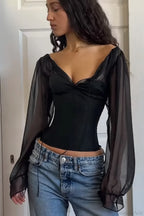 Ruched V-Neck Puff Sleeve Slim Long Tee