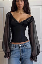 Ruched V-Neck Puff Sleeve Slim Long Tee
