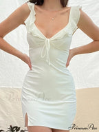 Ruffle Bow Tie White Backless Split Mini Dress