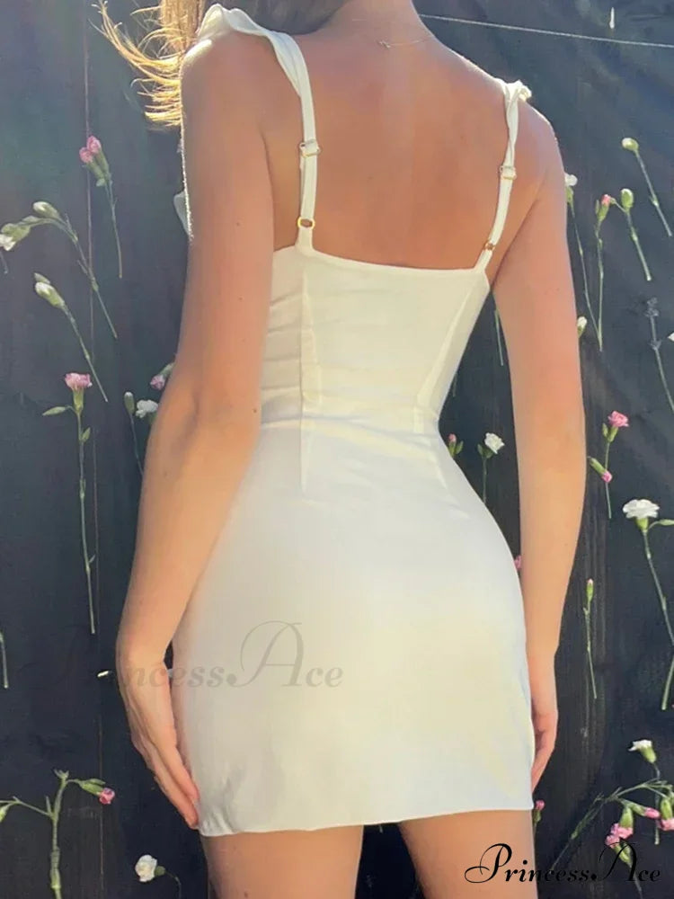Ruffle Bow Tie White Backless Split Mini Dress