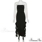Ruffle Fringe Double Charming Slit Tube Midi Dress